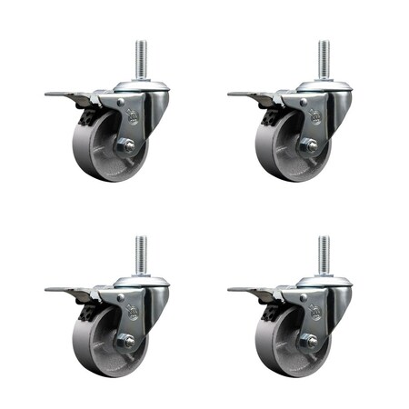 Service Caster 3 Inch Semi Steel Swivel 34 Inch Threaded Stem Caster Set with Total Lock Brake SCC-TSTTL20S314-SSS-34212-4
